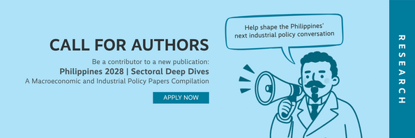 A light blue banner announces a "Call for Authors" for a macroeconomic and industrial policy papers compilation titled "Philippines 2028 | Sectoral Deep Dives". The right side features an illustration of a man with a mustache holding a megaphone, with a speech bubble reading, "Help shape the Philippines' next industrial policy conversation".  