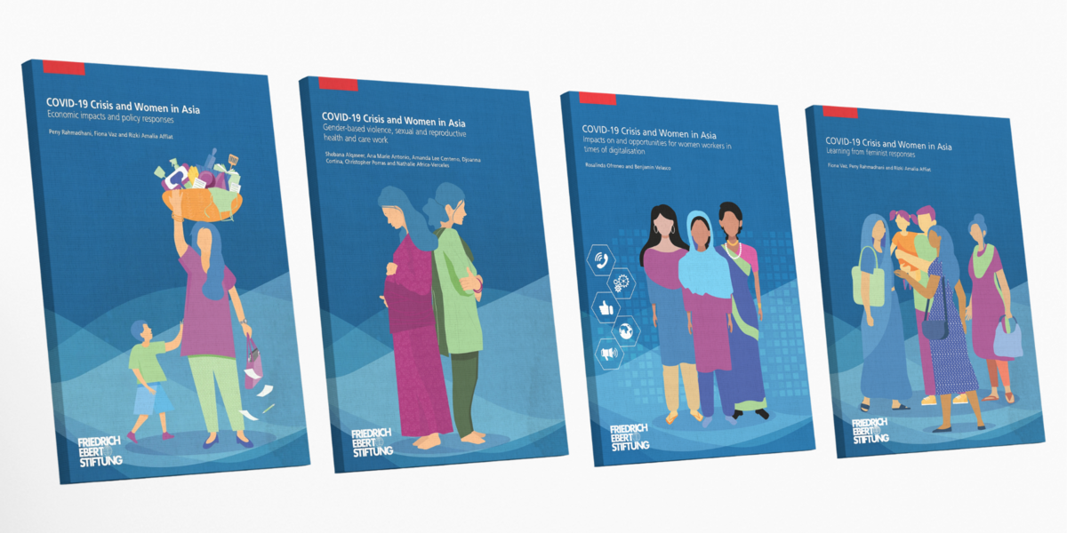 Covers of 4 publications in FES paper series "COVID-19 crisis and women in Asia"